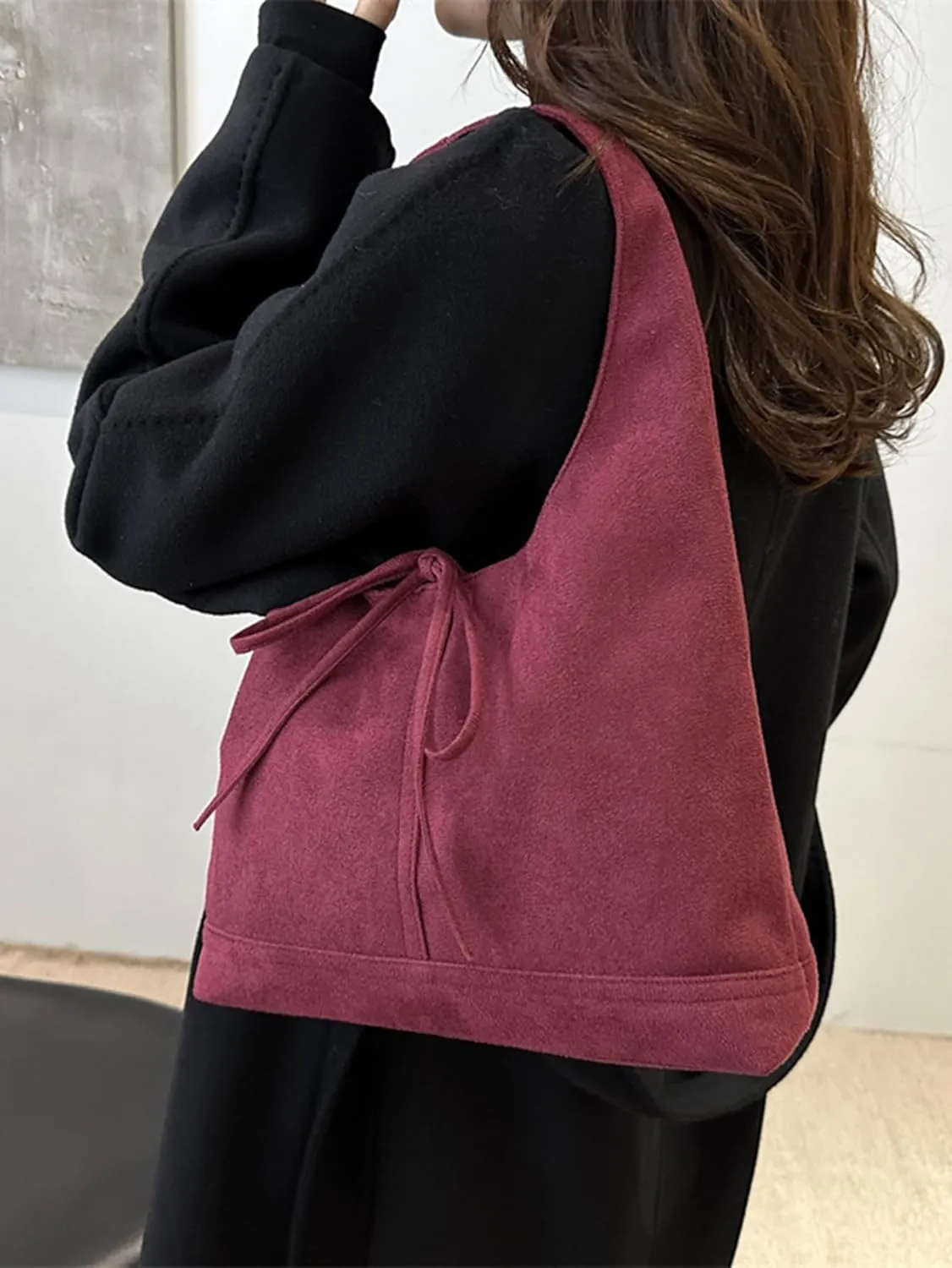 MakeMeChic Women's Faux Suede Shoulder Bag Bow Top Handle Travel Tote Handbag