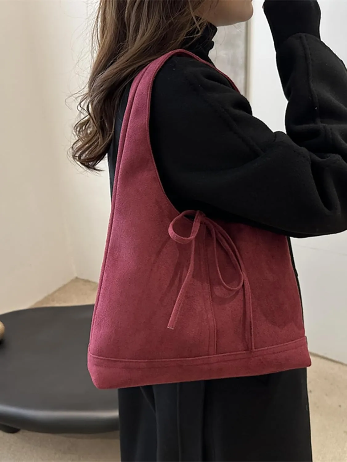 MakeMeChic Women's Faux Suede Shoulder Bag Bow Top Handle Travel Tote Handbag