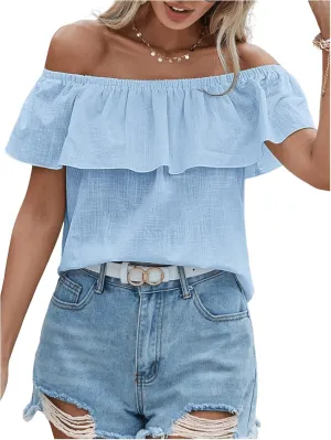 MakeMeChic Women's Ruffle Trim Off Shoulder Blouse Short Sleeve Casual Shirt Summer Tops