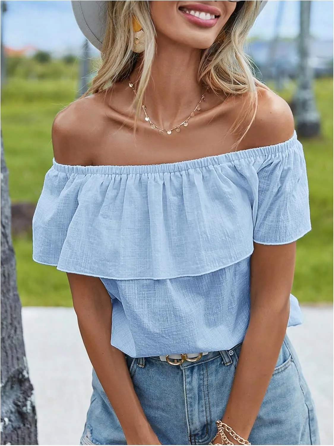 MakeMeChic Women's Ruffle Trim Off Shoulder Blouse Short Sleeve Casual Shirt Summer Tops