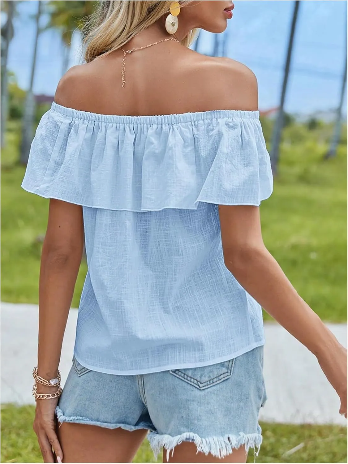 MakeMeChic Women's Ruffle Trim Off Shoulder Blouse Short Sleeve Casual Shirt Summer Tops