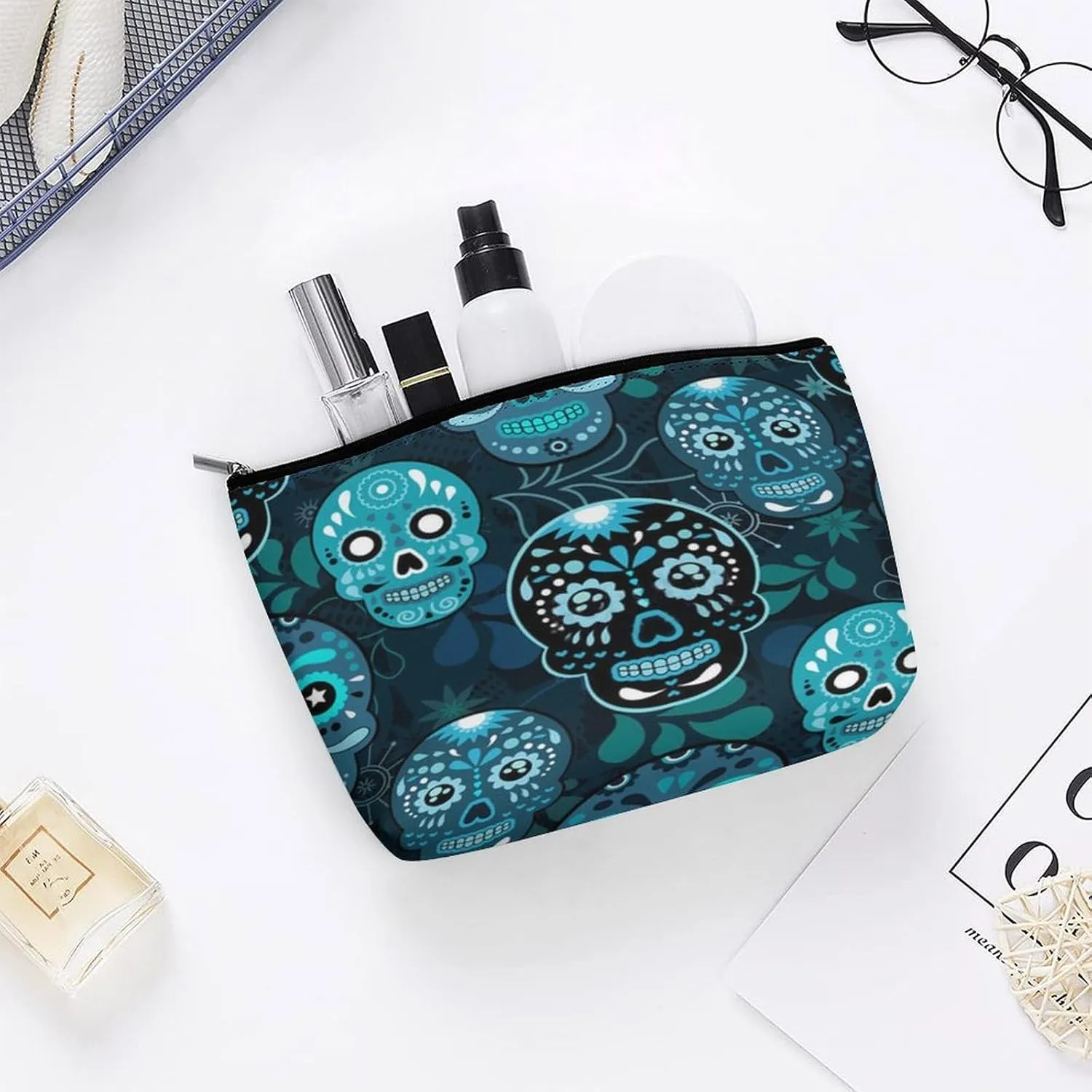 Makeup Bags Cosmetic Pouch Travel Zipper Cosmetic Organizer 3D Printed Toiletry Bag Printing Pencil Bag for Women Supplies Gifts (Mexican Sugar Skulls Day Of The Dead Floral)