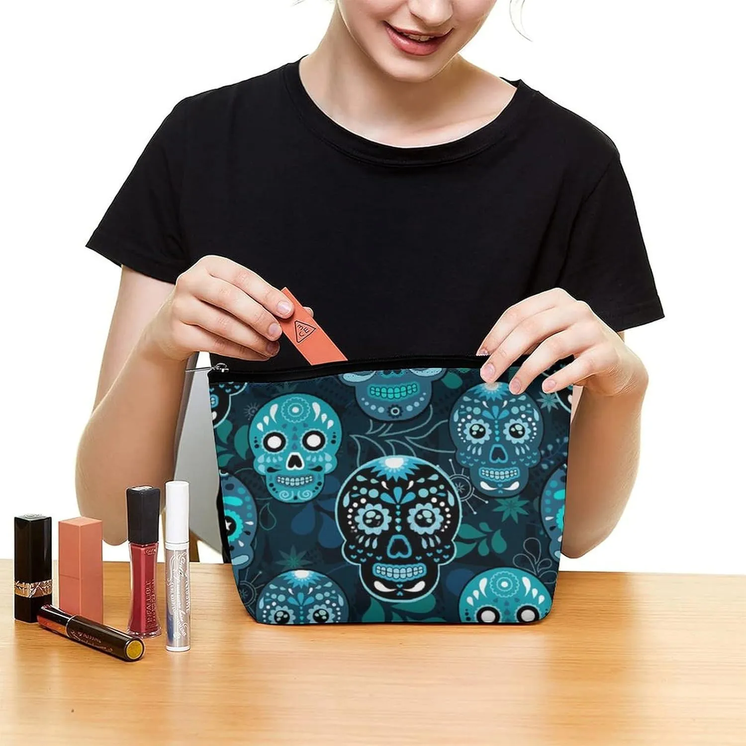 Makeup Bags Cosmetic Pouch Travel Zipper Cosmetic Organizer 3D Printed Toiletry Bag Printing Pencil Bag for Women Supplies Gifts (Mexican Sugar Skulls Day Of The Dead Floral)