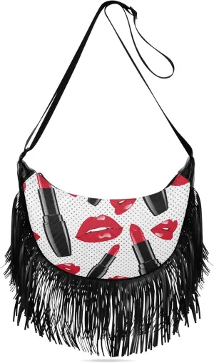Makeup-red-glossy-lips Women Tassel Fringe Shoulder bag, Fringe Purse Crossbody, Women Tassel Hobo Bag with Zipper