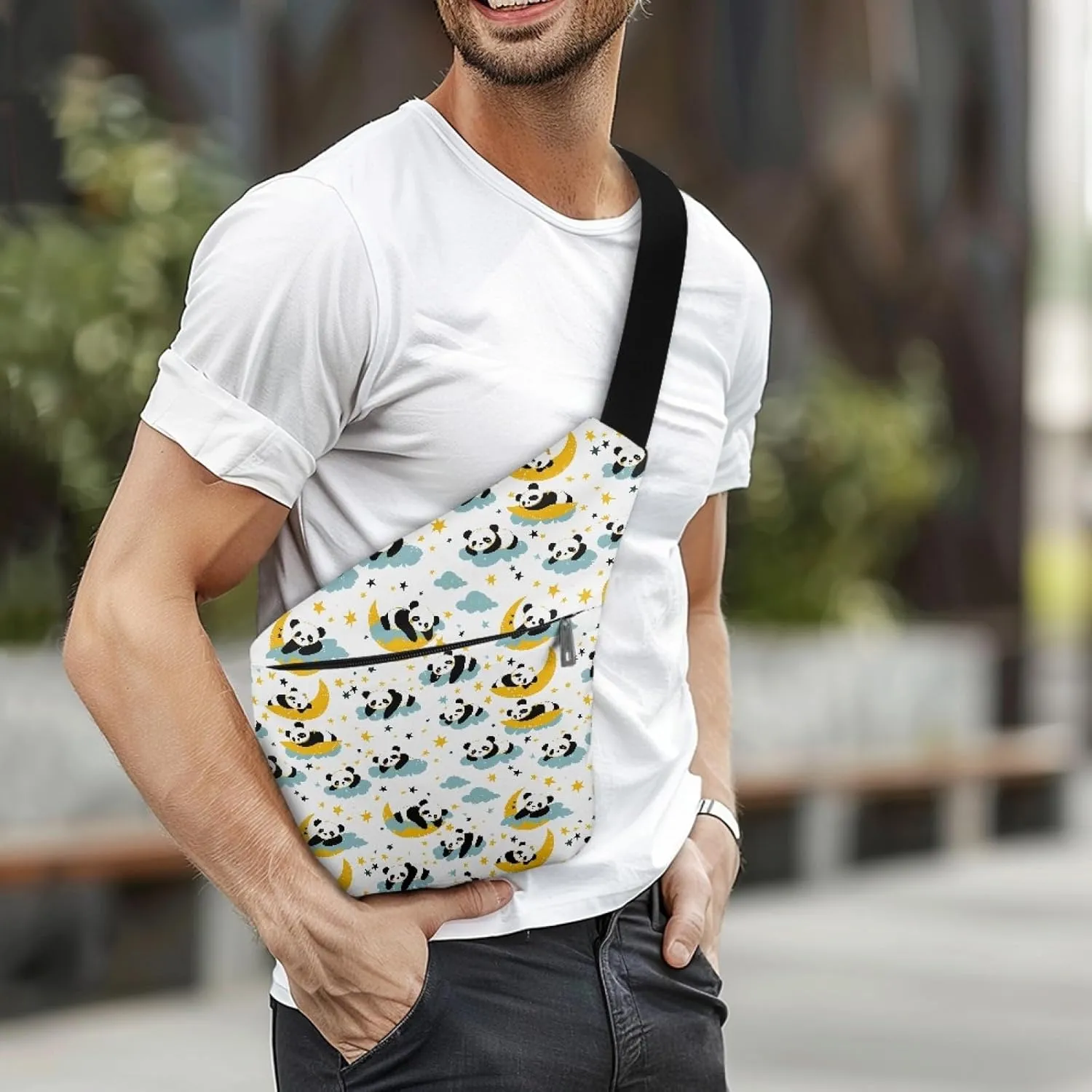 Man Crossbody Bag Cartoon Panda Shoulder Bag for Men Star Moon Cross Body Bag for Father Multifunctional Sling Bag for Gentlemen Large Capacity Crossbody Purse for Walking