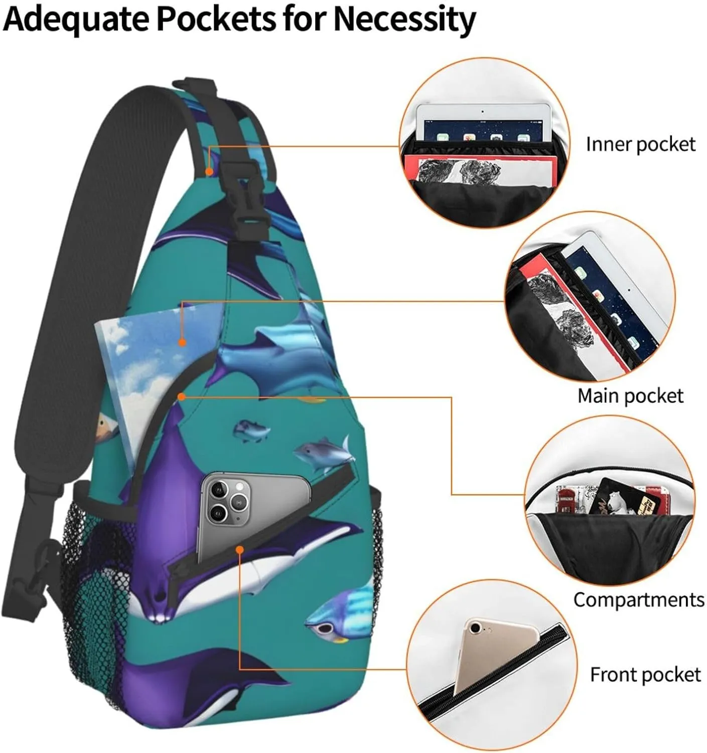 Manta Ray And Fishes Unisex Casual Diagonal Chest Bag,Multipurpose Crossbody Shoulder Bag Travel Hiking Daypack