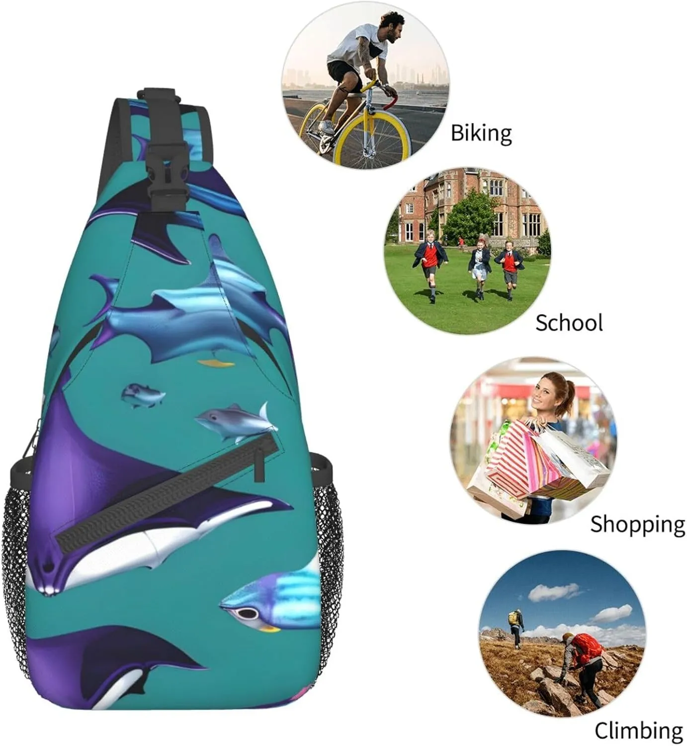 Manta Ray And Fishes Unisex Casual Diagonal Chest Bag,Multipurpose Crossbody Shoulder Bag Travel Hiking Daypack