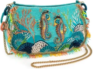 Mary Frances Reef Rider Beaded Crossbody Handbag Ocean Seahorse Embellished Purse Coral Themed Evening Bag, Multicolor