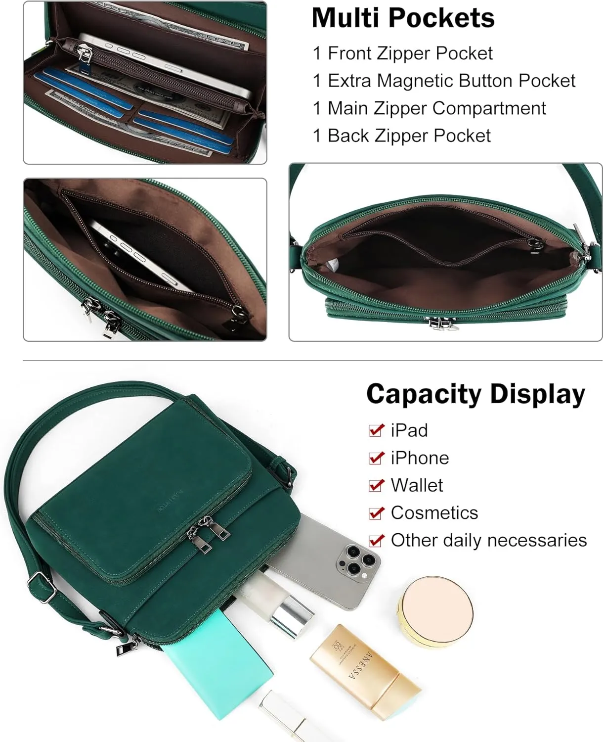 MASINTOR Crossbody Purse Bags for Women, Multi-Pocket Soft Leather Shoulder Purse with Tassel, Lightweight Travel Handbag