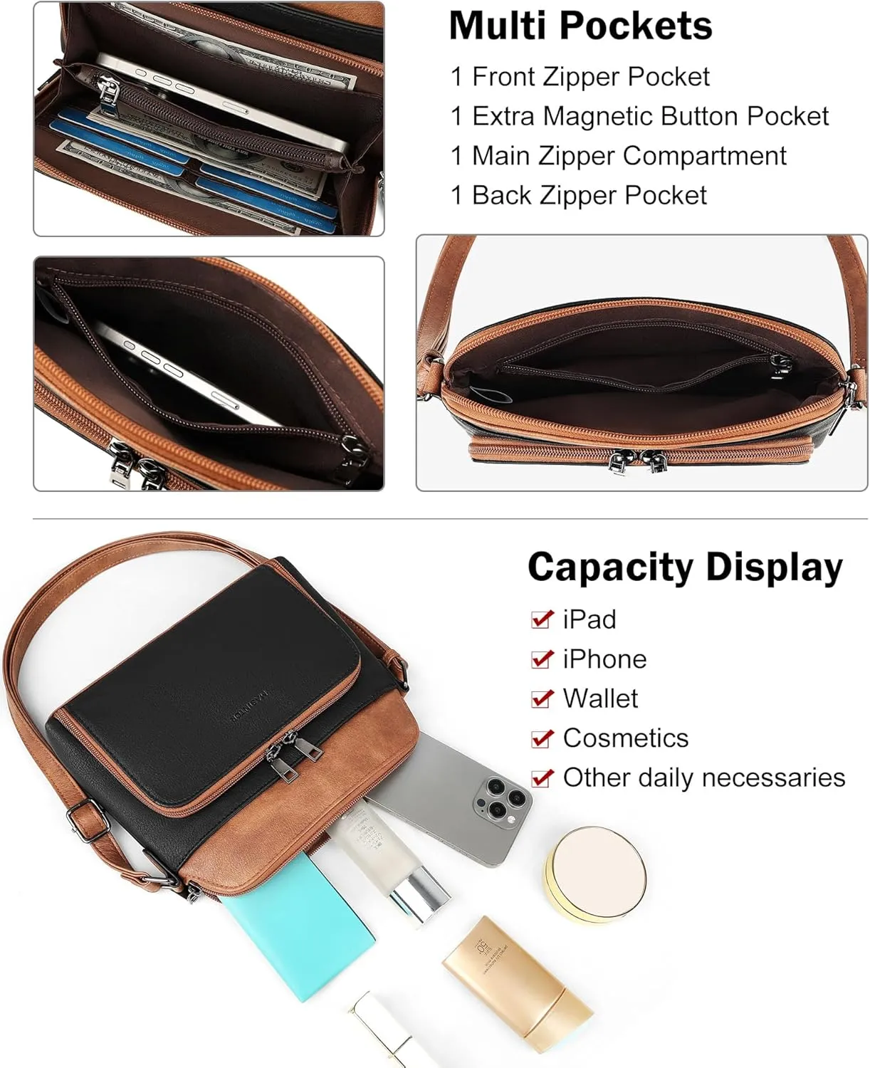MASINTOR Crossbody Purse Bags for Women, Multi-Pocket Soft Leather Shoulder Purse with Tassel, Lightweight Travel Handbag