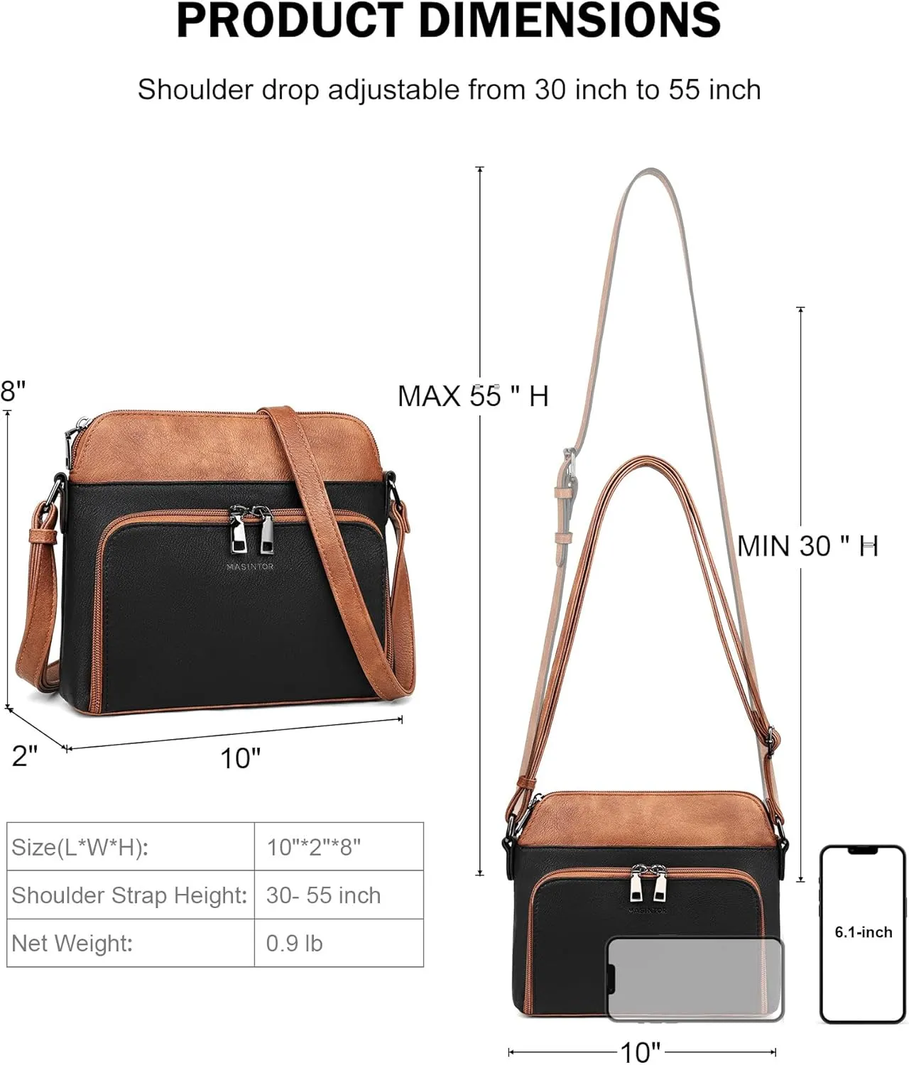 MASINTOR Crossbody Purse Bags for Women, Multi-Pocket Soft Leather Shoulder Purse with Tassel, Lightweight Travel Handbag