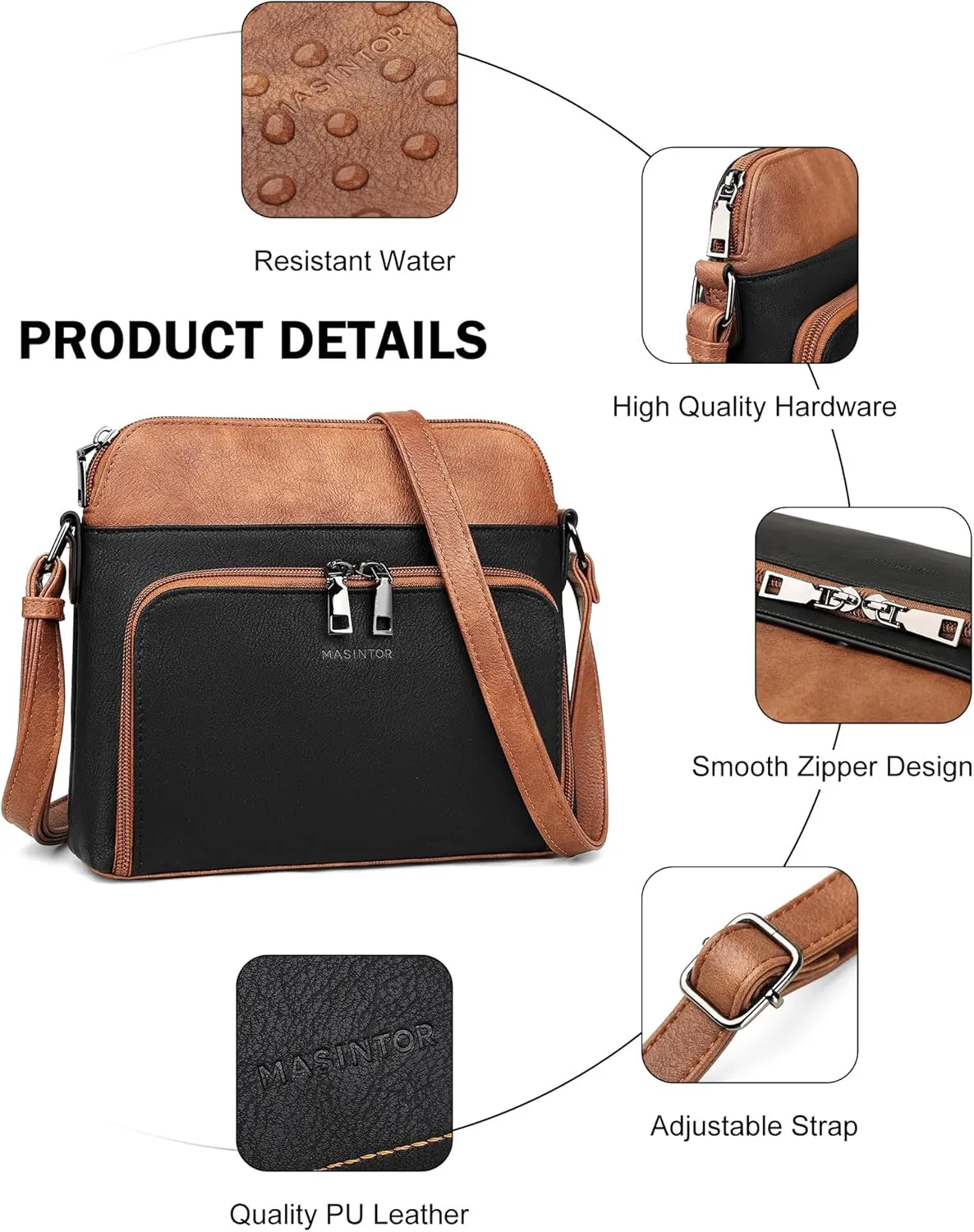 MASINTOR Crossbody Purse Bags for Women, Multi-Pocket Soft Leather Shoulder Purse with Tassel, Lightweight Travel Handbag