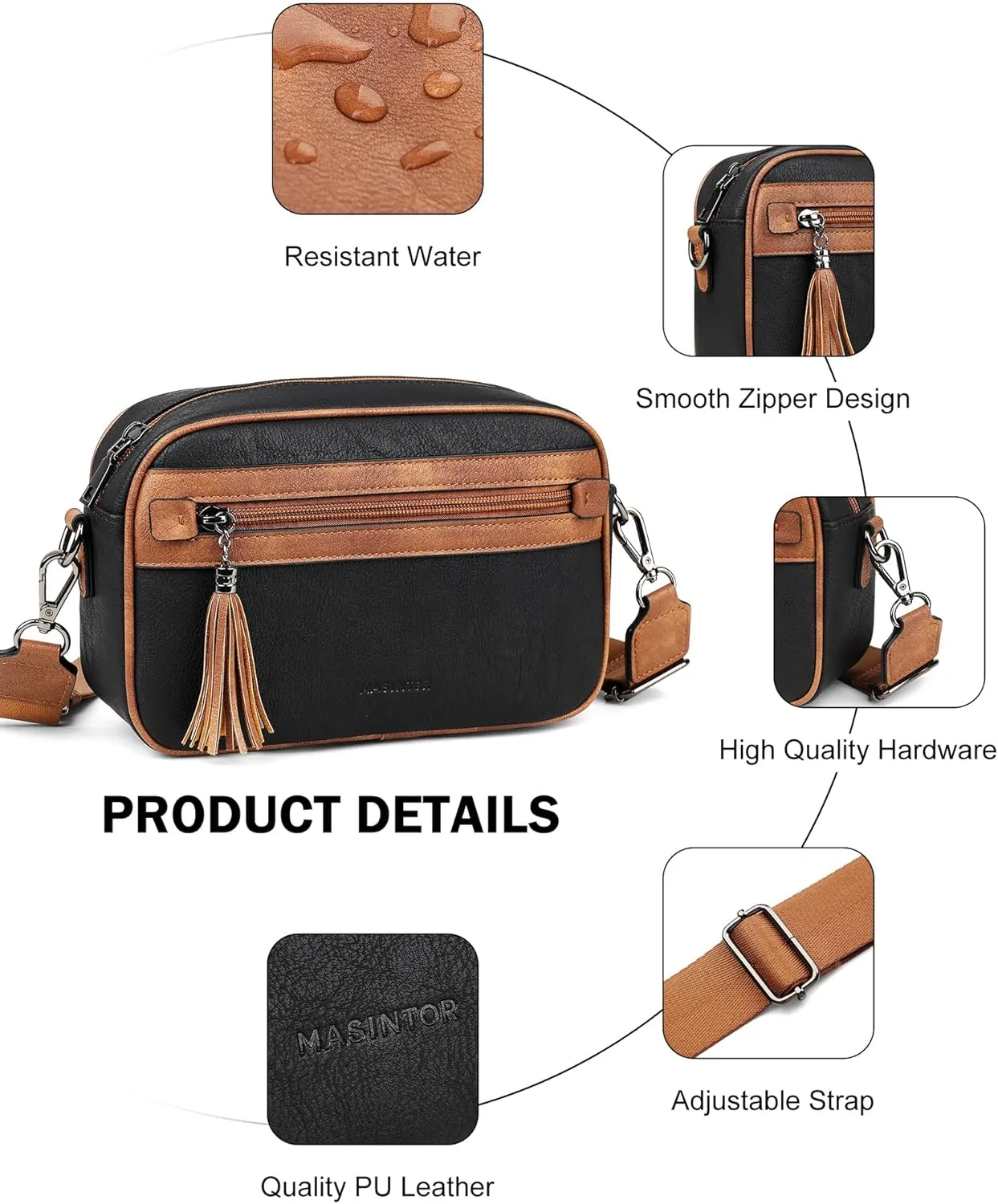 MASINTOR Crossbody Purses for Women Vegan Leather, Travel Purse Shoulder Handbag with Adjustable Strap and Tassel