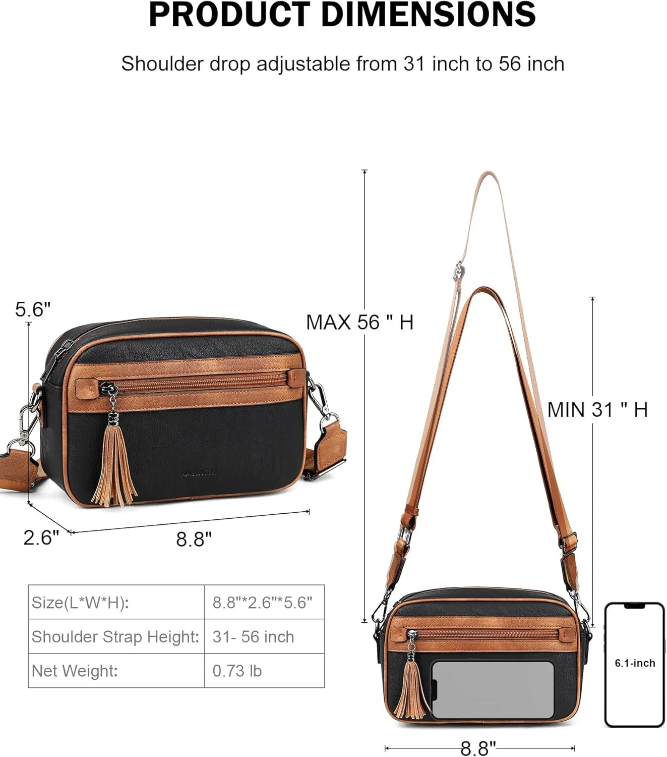 MASINTOR Crossbody Purses for Women Vegan Leather, Travel Purse Shoulder Handbag with Adjustable Strap and Tassel