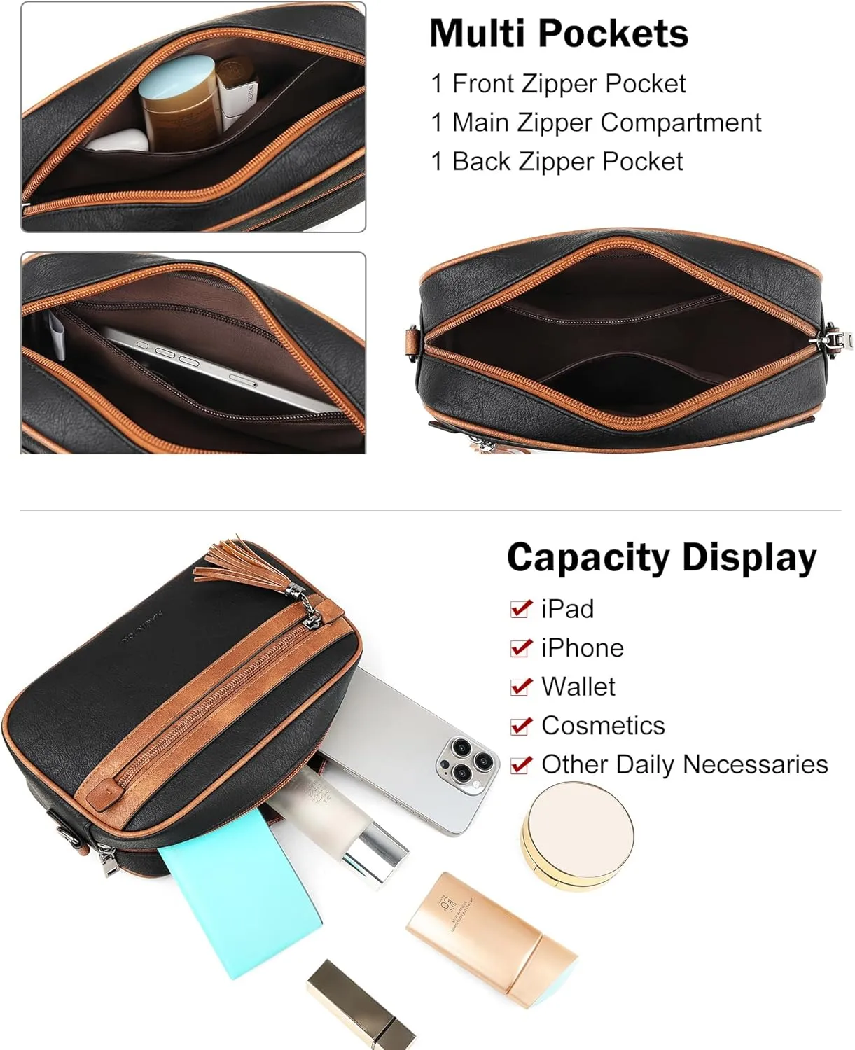 MASINTOR Crossbody Purses for Women Vegan Leather, Travel Purse Shoulder Handbag with Adjustable Strap and Tassel