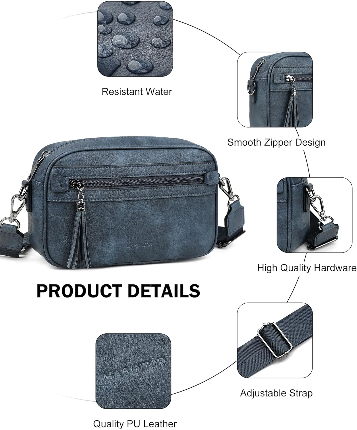 MASINTOR Crossbody Purses for Women Vegan Leather, Travel Purse Shoulder Handbag with Adjustable Strap and Tassel