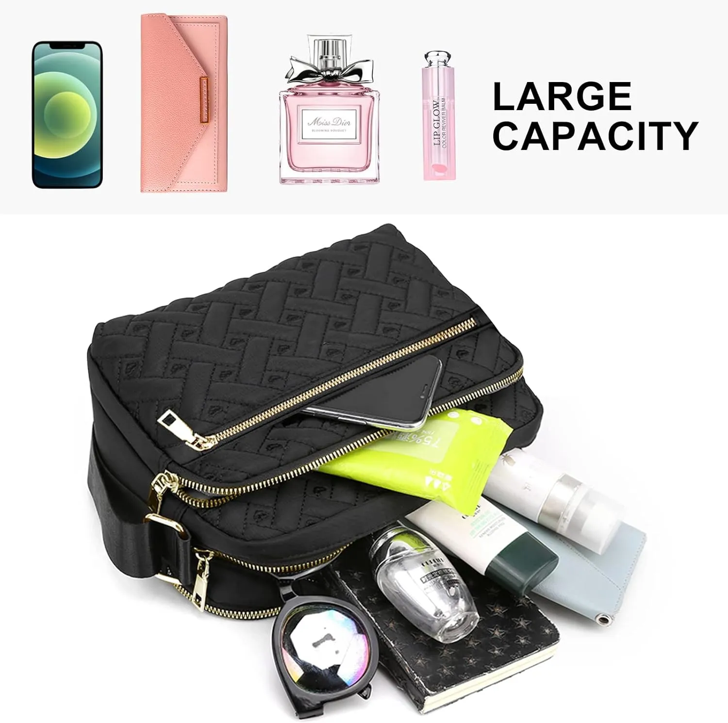 Medium Nylon Crossbody Bags for Women Trendy Crossbody Purses Travel Large Cross Body Bag Quilted Purse