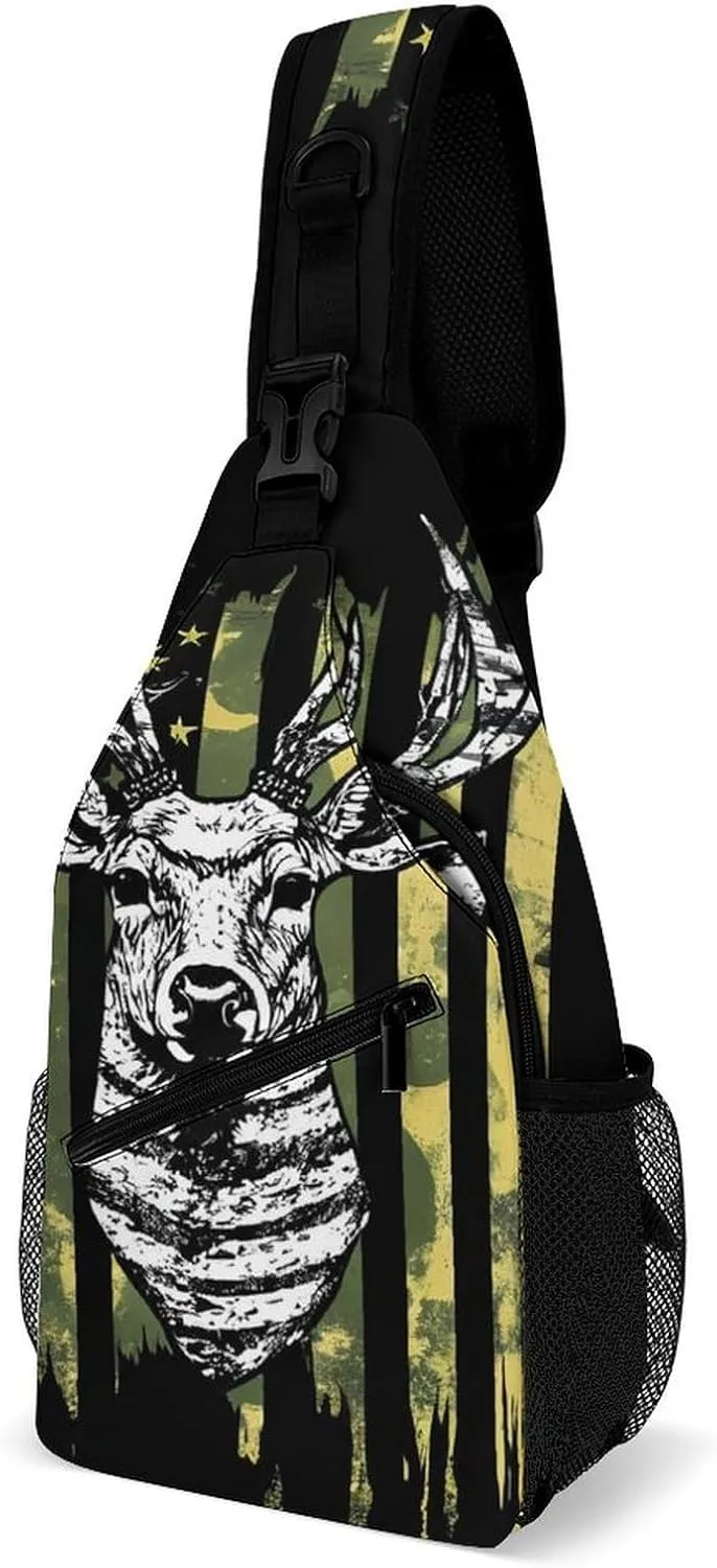 Men Sling Shoulder Backpack Packable Breathable Shoulder Chest Crossbody Bag - Camouflage American Flag Hunting Camo Deer Black Multipurpose Backpacking Bookbag With Adjustable Shoulder Strap