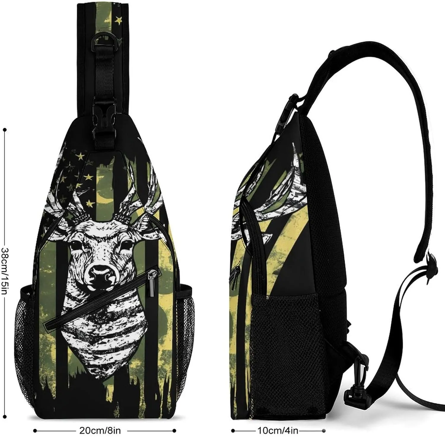 Men Sling Shoulder Backpack Packable Breathable Shoulder Chest Crossbody Bag - Camouflage American Flag Hunting Camo Deer Black Multipurpose Backpacking Bookbag With Adjustable Shoulder Strap