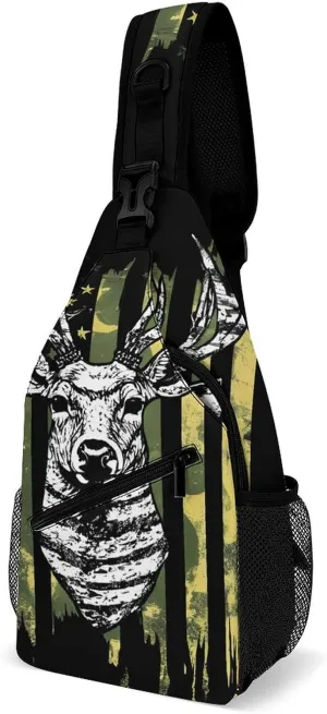 Men Sling Shoulder Backpack Packable Breathable Shoulder Chest Crossbody Bag - Camouflage American Flag Hunting Camo Deer Black Multipurpose Backpacking Bookbag With Adjustable Shoulder Strap