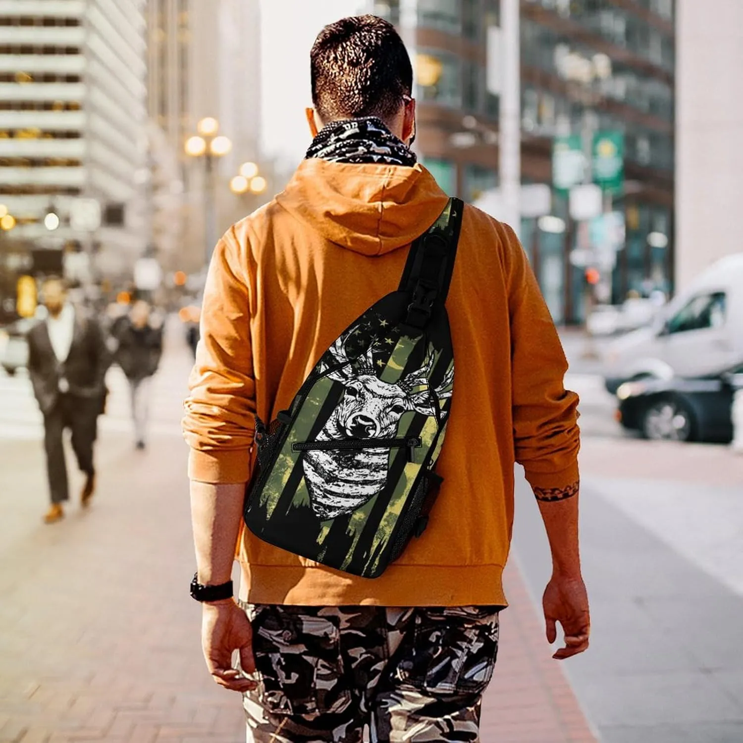 Men Sling Shoulder Backpack Packable Breathable Shoulder Chest Crossbody Bag - Camouflage American Flag Hunting Camo Deer Black Multipurpose Backpacking Bookbag With Adjustable Shoulder Strap