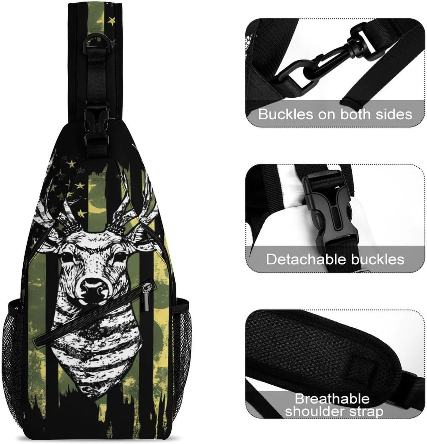Men Sling Shoulder Backpack Packable Breathable Shoulder Chest Crossbody Bag - Camouflage American Flag Hunting Camo Deer Black Multipurpose Backpacking Bookbag With Adjustable Shoulder Strap