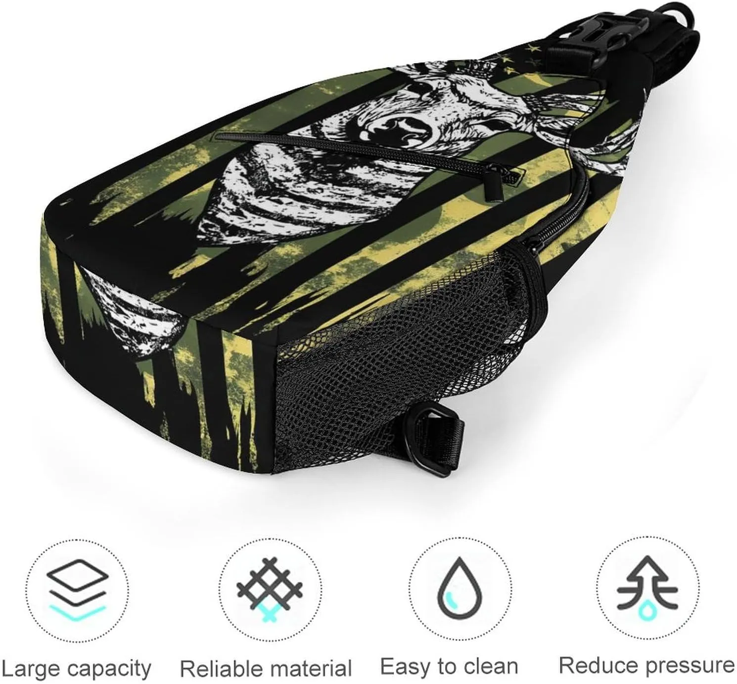 Men Sling Shoulder Backpack Packable Breathable Shoulder Chest Crossbody Bag - Camouflage American Flag Hunting Camo Deer Black Multipurpose Backpacking Bookbag With Adjustable Shoulder Strap