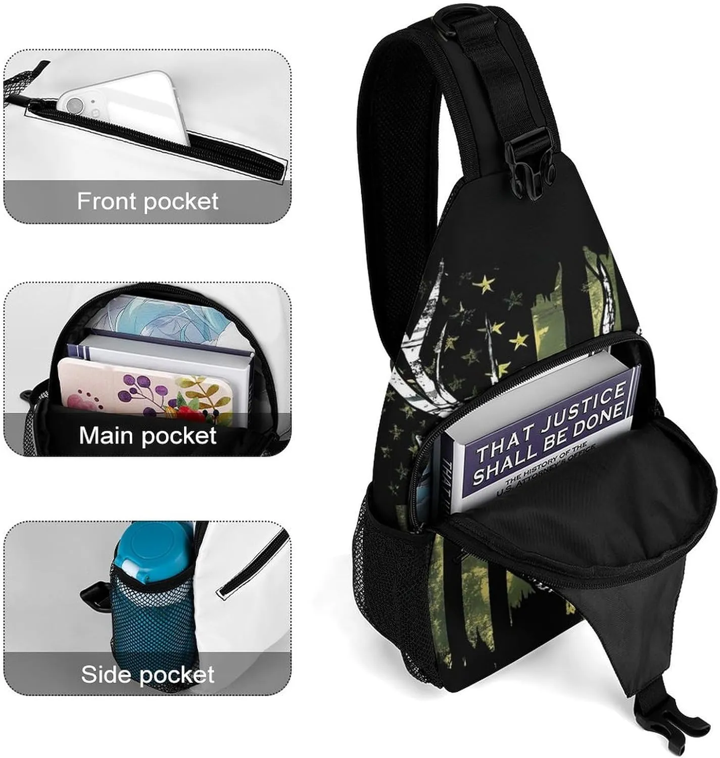 Men Sling Shoulder Backpack Packable Breathable Shoulder Chest Crossbody Bag - Camouflage American Flag Hunting Camo Deer Black Multipurpose Backpacking Bookbag With Adjustable Shoulder Strap
