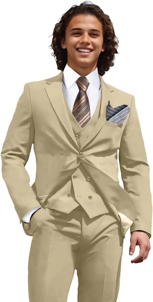 Mens 3 Piece Slim Fit Suit Set, Double Breasted Blazer Vest Pants Business Tuxedo Dress