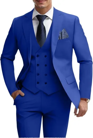 Mens 3 Piece Slim Fit Suit Set, Double Breasted Blazer Vest Pants Business Tuxedo Dress