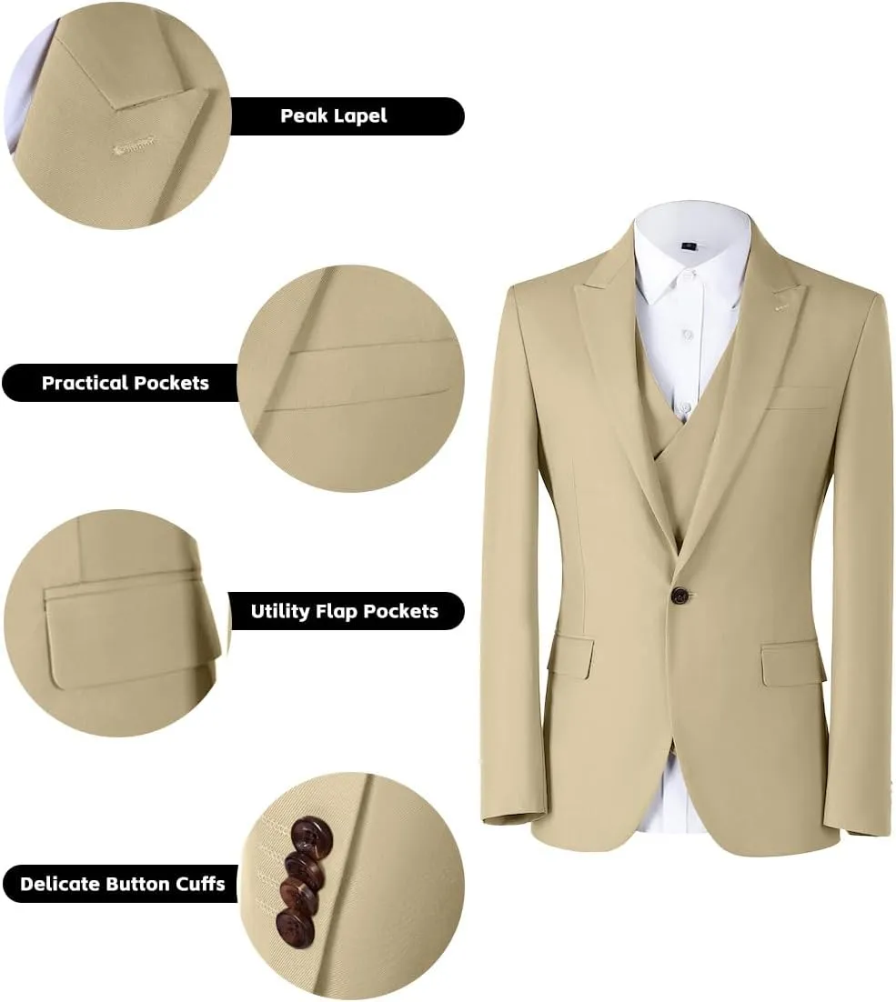 Mens 3 Piece Slim Fit Suit Set, Double Breasted Blazer Vest Pants Business Tuxedo Dress