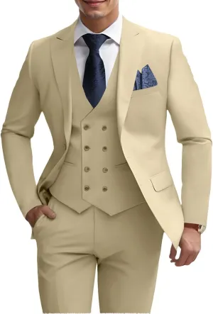 Mens 3 Piece Slim Fit Suit Set, Double Breasted Blazer Vest Pants Business Tuxedo Dress