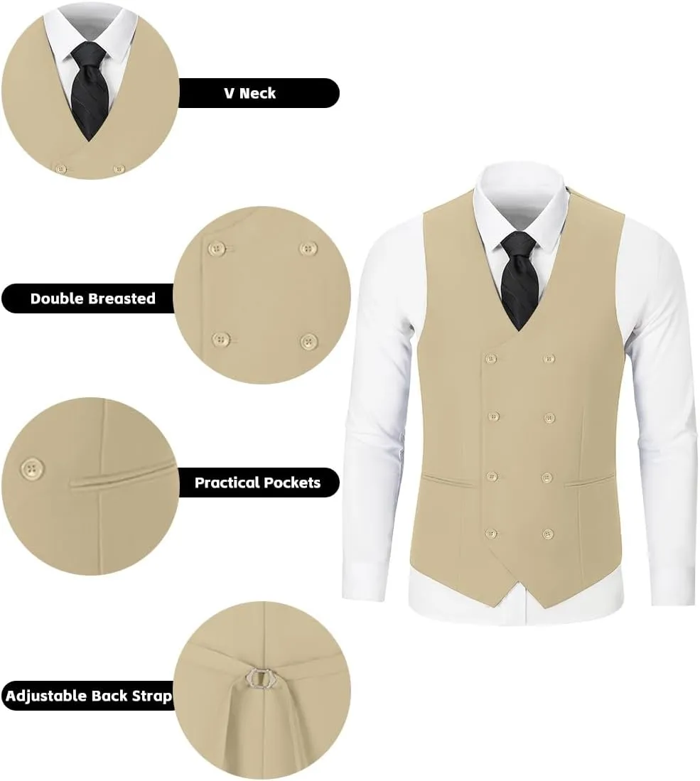 Mens 3 Piece Slim Fit Suit Set, Double Breasted Blazer Vest Pants Business Tuxedo Dress