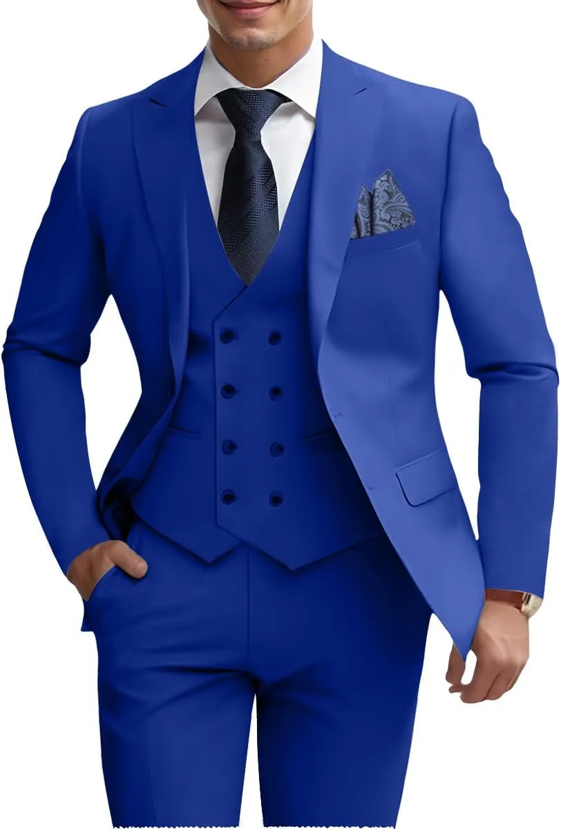 Mens 3 Piece Slim Fit Suit Set, Double Breasted Blazer Vest Pants Business Tuxedo Dress