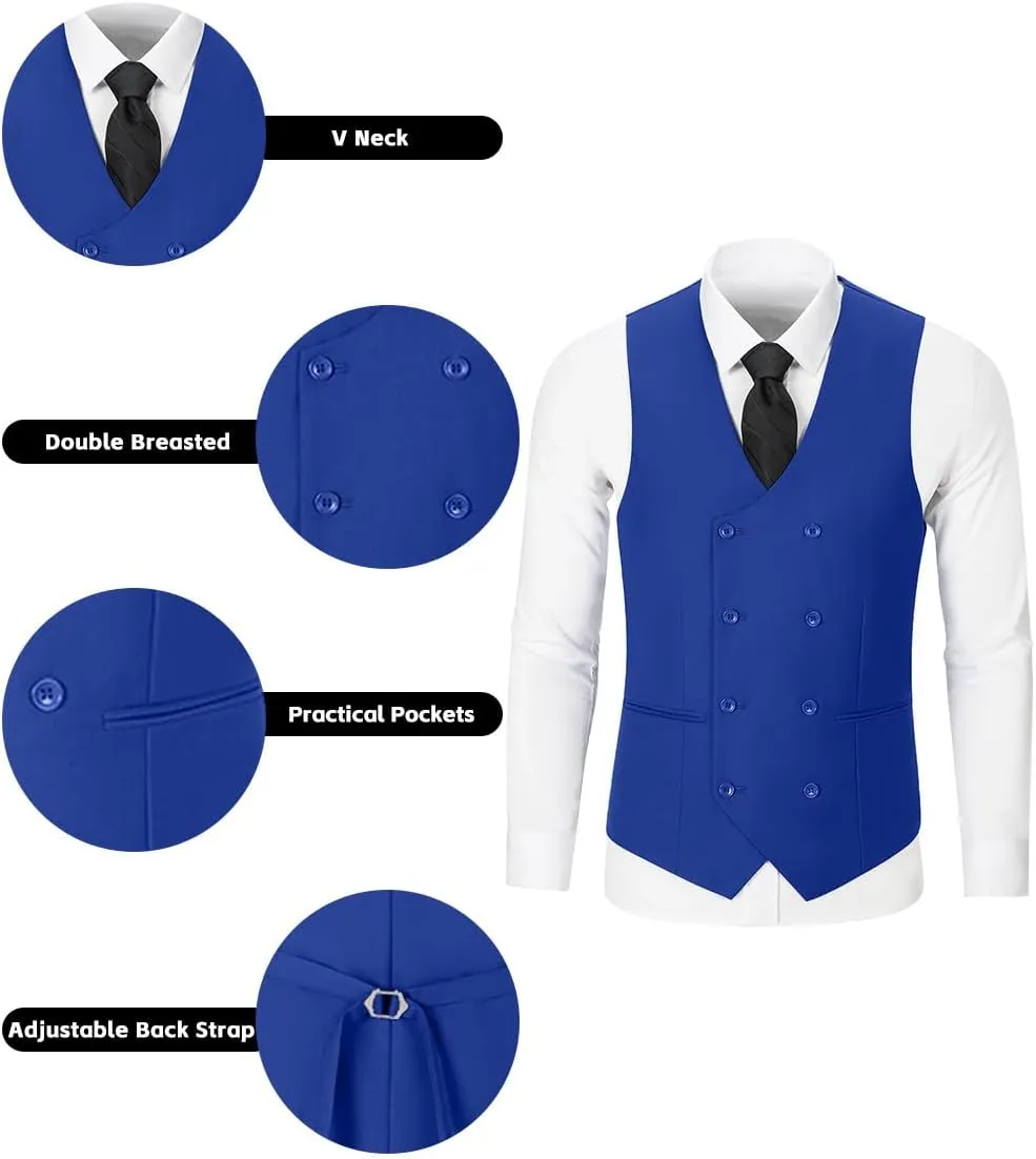 Mens 3 Piece Slim Fit Suit Set, Double Breasted Blazer Vest Pants Business Tuxedo Dress