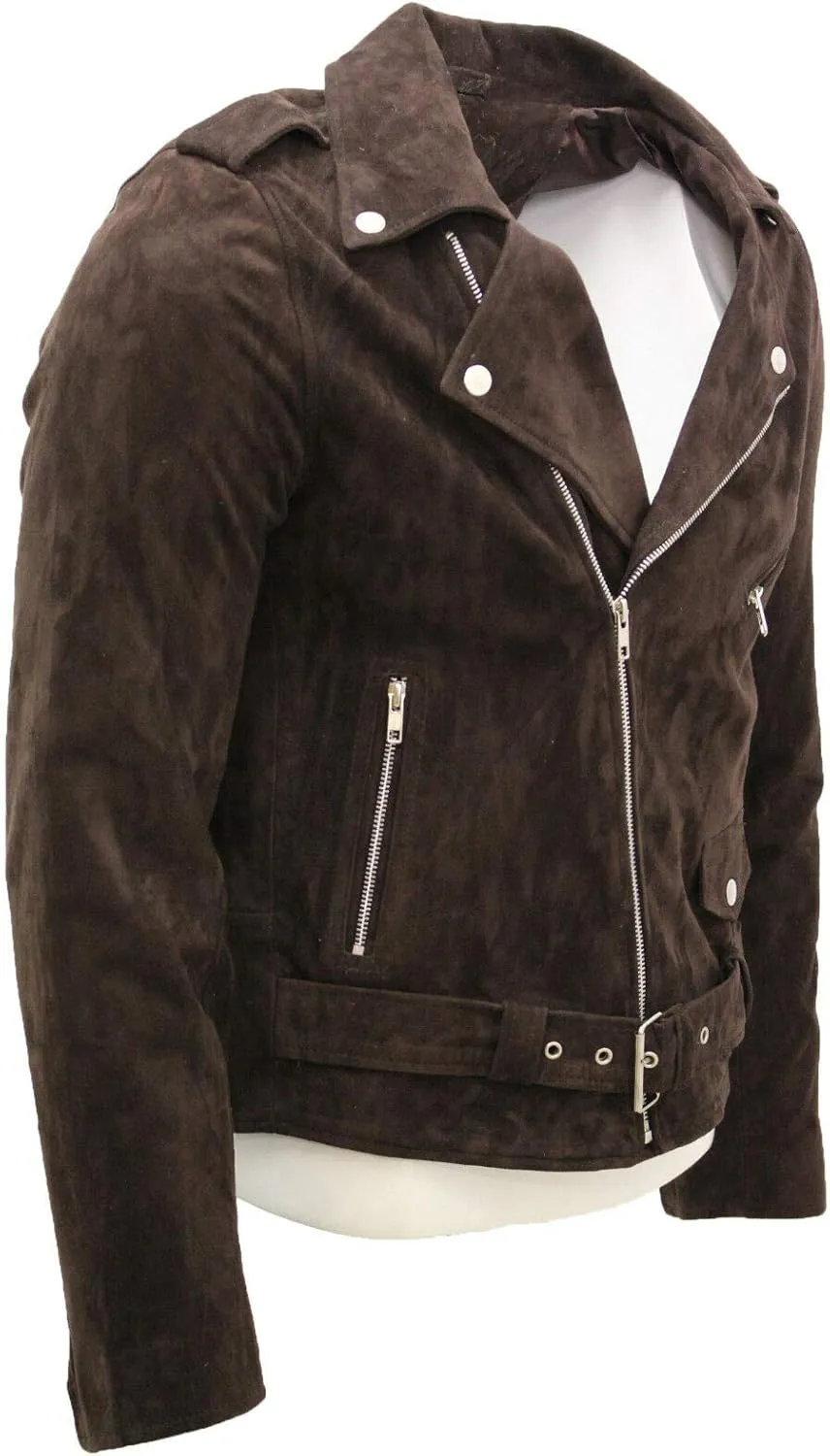 Men's Classic Brando Casual Tan Suede Leather Biker Jacket