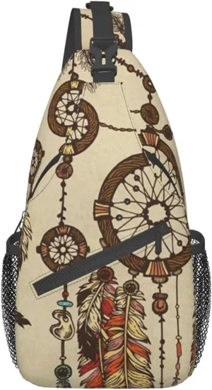 Men'S Crossbody Sling Backpack-Ethnic Dream Catcher Feathers Chest Bags Casual Sport Travel Hiking Daypack