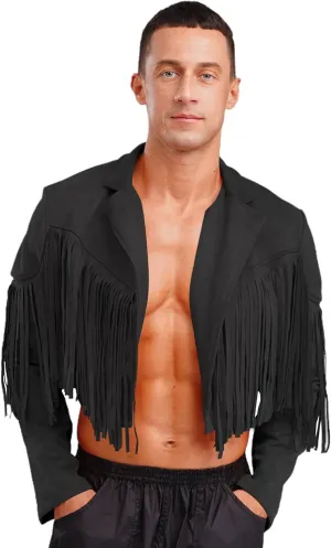 Men's Fringe Faux Suede Leather Open Front Tassel Coats Western Cowboy Jacket Outerwear