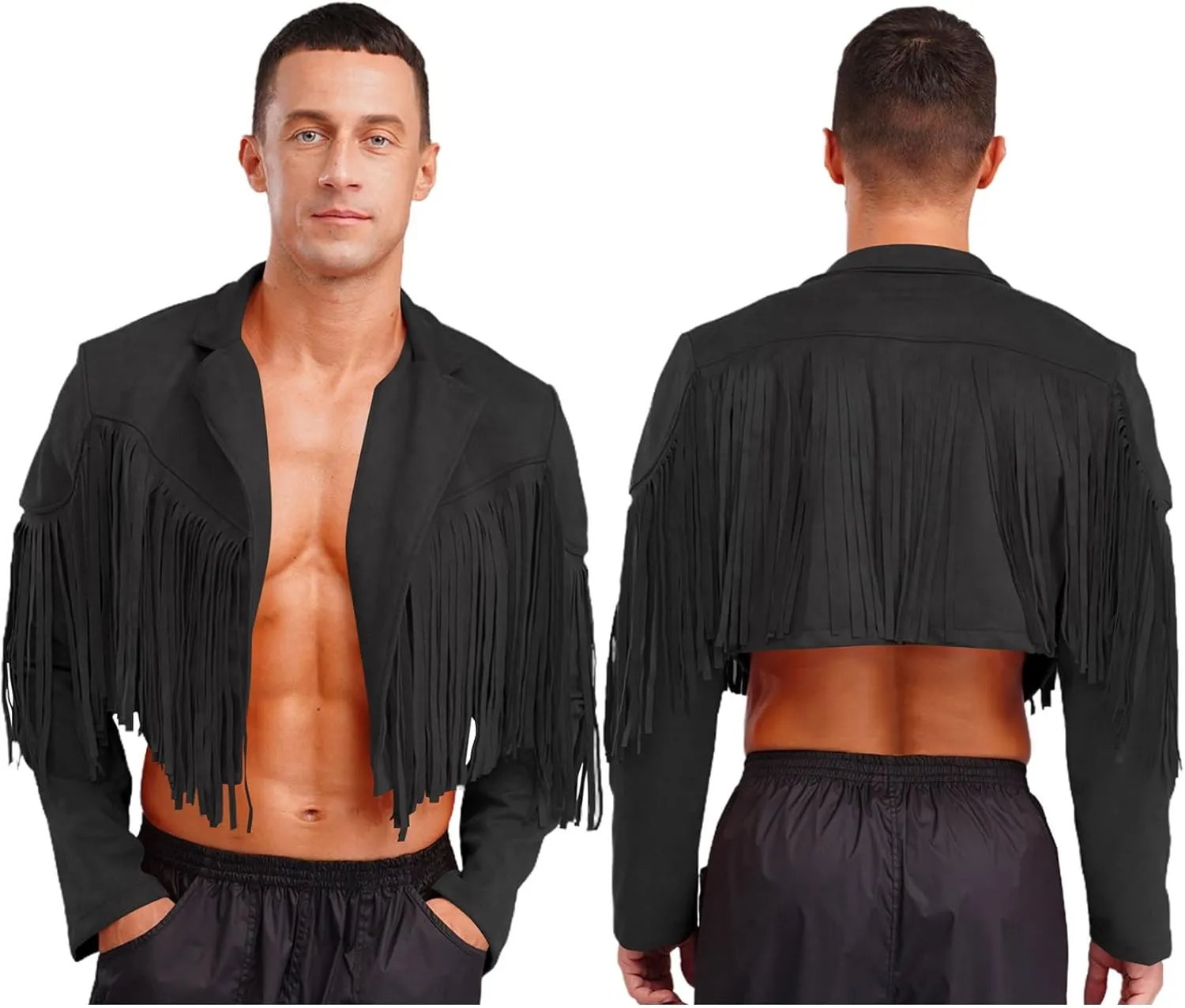 Men's Fringe Faux Suede Leather Open Front Tassel Coats Western Cowboy Jacket Outerwear