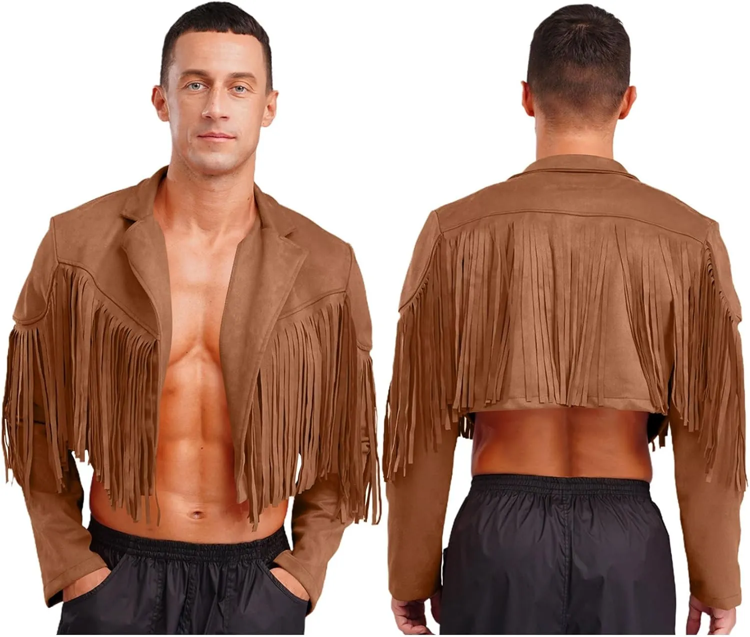 Men's Fringe Faux Suede Leather Open Front Tassel Coats Western Cowboy Jacket Outerwear
