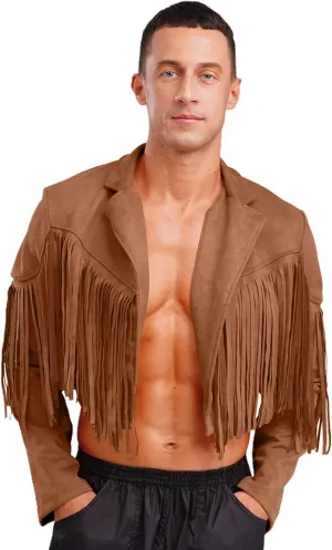 Men's Fringe Faux Suede Leather Open Front Tassel Coats Western Cowboy Jacket Outerwear