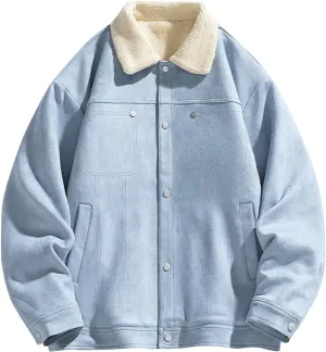 Men's Sherpa Lined Jacket Casual Suede Trucker Jacket Lapel Button Down Fleece Warm Winter Coats with Pockets