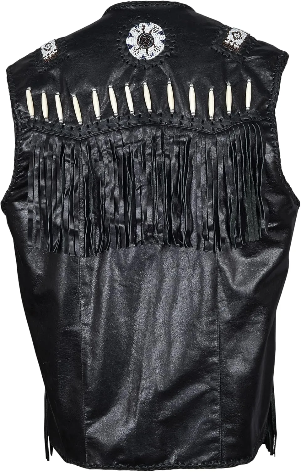 Men’s Western Cowhide Suede & Leather Vest – Beaded Fringe Yoke & Back Native-Inspired Cowboy Biker Vest