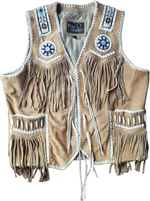 Men’s Western Cowhide Suede & Leather Vest – Beaded Fringe Yoke & Back Native-Inspired Cowboy Biker Vest