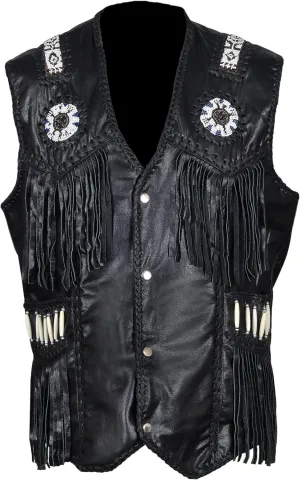 Men’s Western Cowhide Suede & Leather Vest – Beaded Fringe Yoke & Back Native-Inspired Cowboy Biker Vest