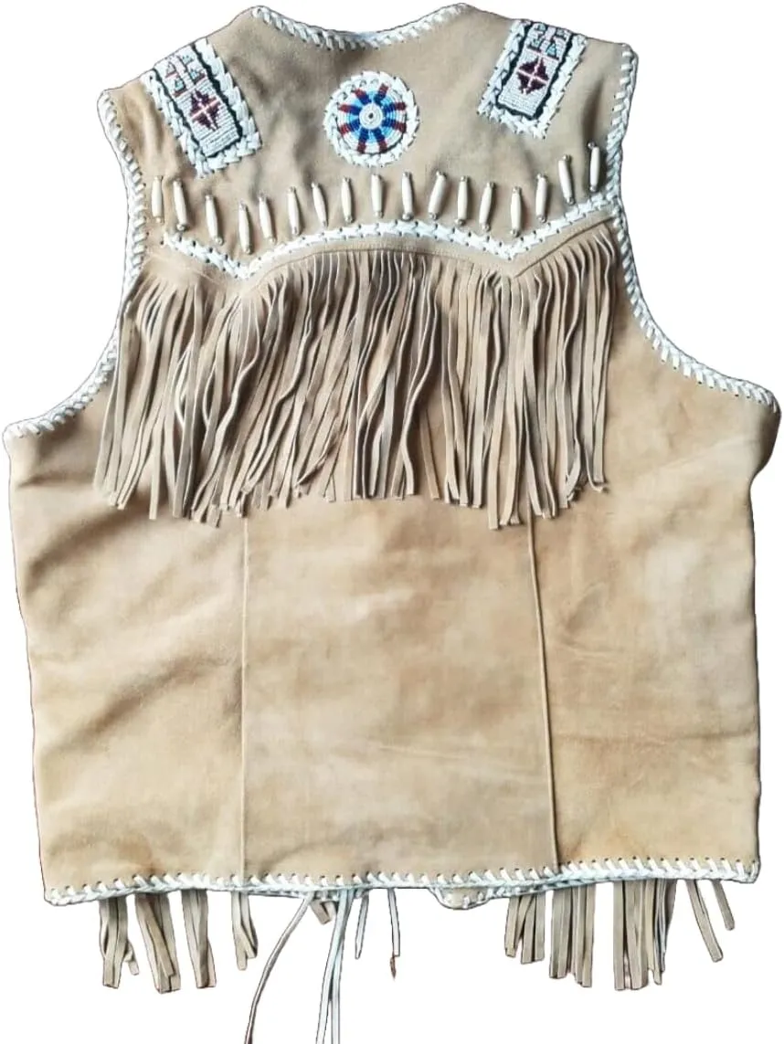 Men’s Western Cowhide Suede & Leather Vest – Beaded Fringe Yoke & Back Native-Inspired Cowboy Biker Vest