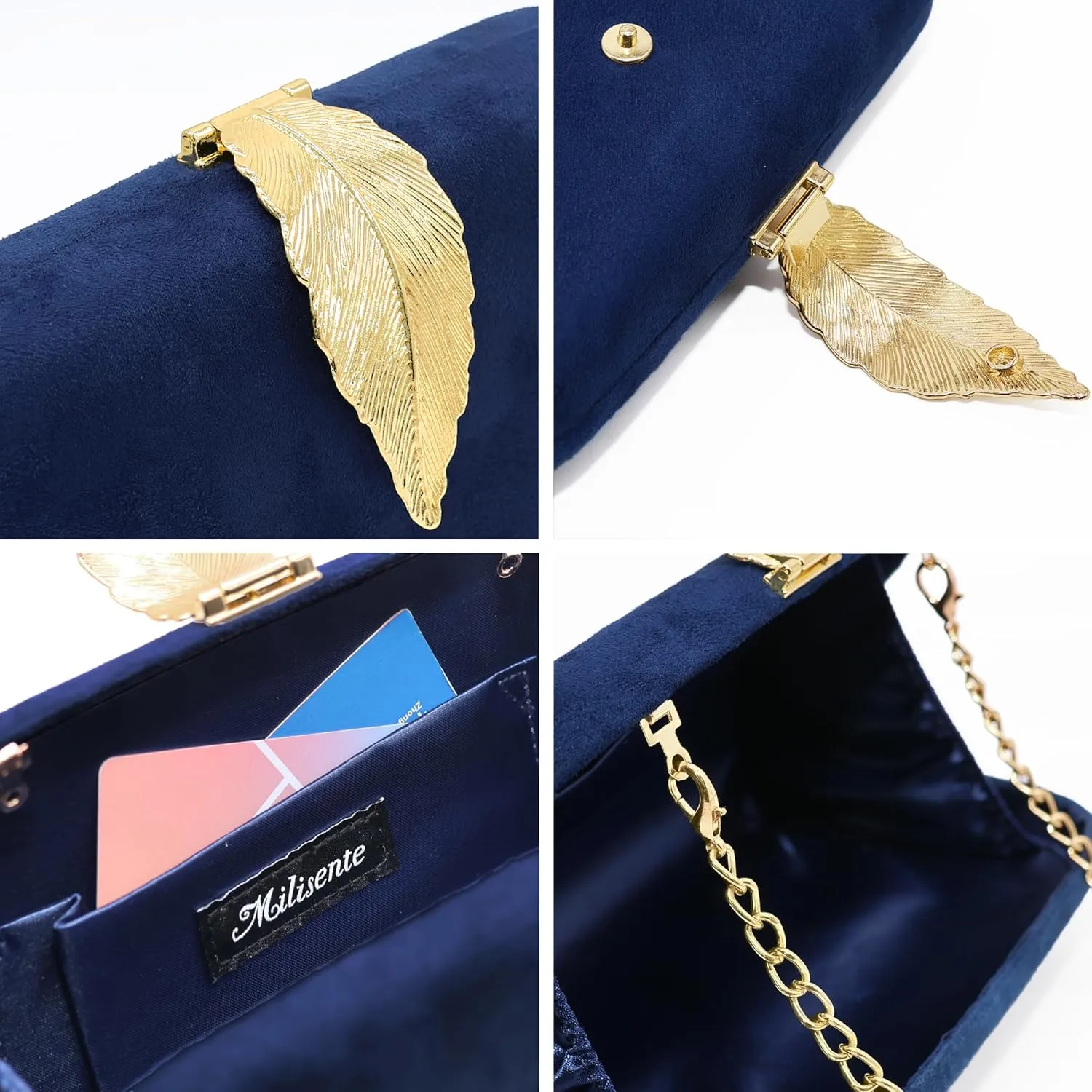 Milisente Clutch Purses For Women, Solid Suede Evening Clutch Bag Shoulder Bag With Metallic Leaves Clasp