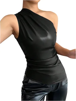 Milumia Women's One Shoulder PU Leather Shirt Top Asymmetrical Ruched Tank Tops Going Out