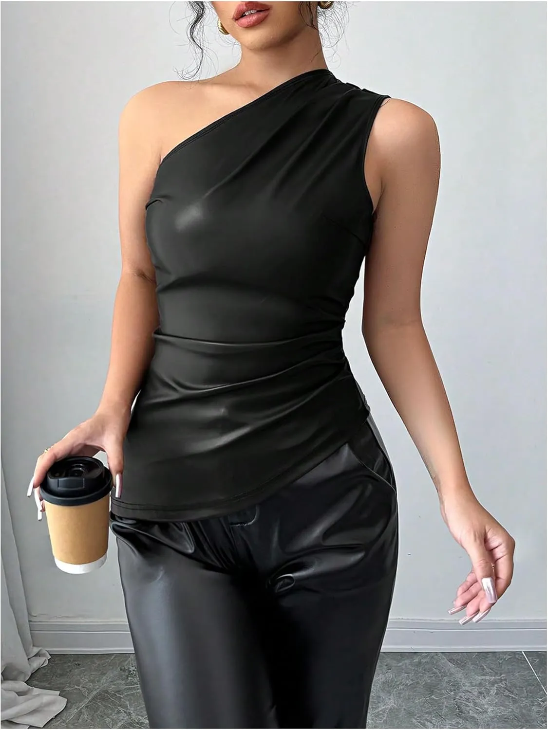Milumia Women's One Shoulder PU Leather Shirt Top Asymmetrical Ruched Tank Tops Going Out