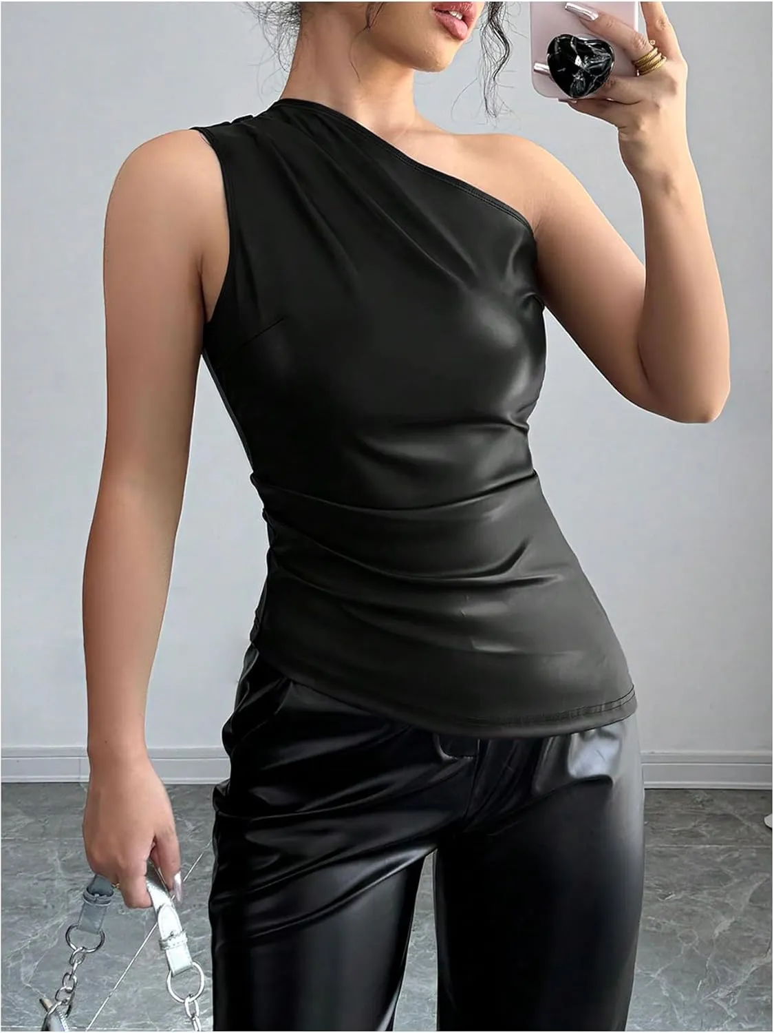Milumia Women's One Shoulder PU Leather Shirt Top Asymmetrical Ruched Tank Tops Going Out